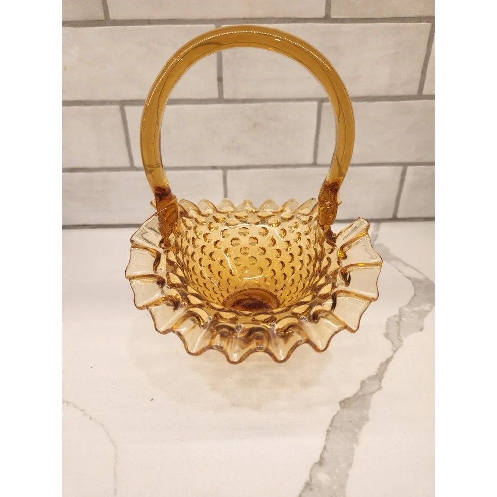Fenton Vintage Amber Hobnail Glass Basket Ruffled Crimped Edges